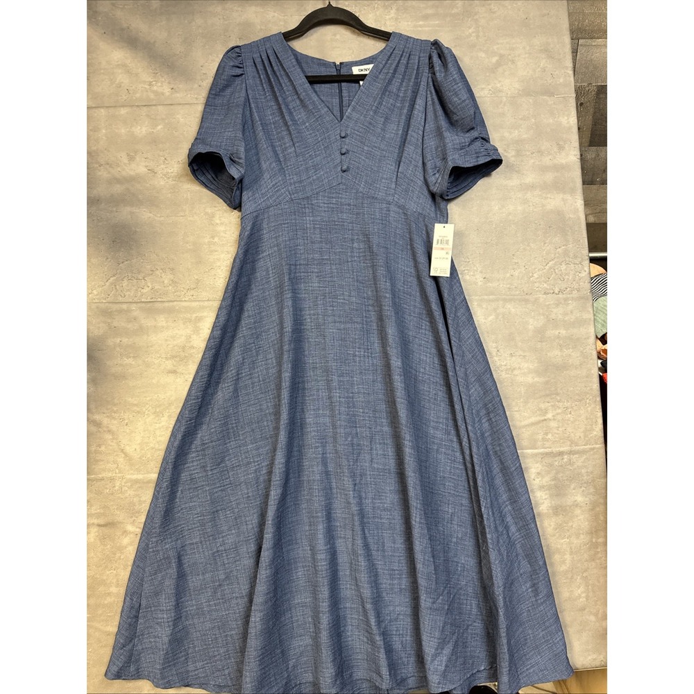 New blue DKNY V-neck denim Color midi dress Puff Sleeve La Pleated Bodice 10